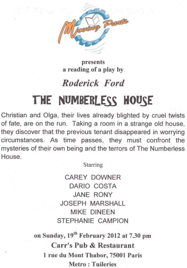 Playbill for the Moving Parts’ reading of The Numberless House, Paris, 2012